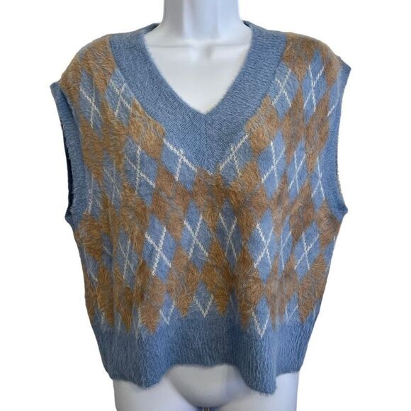 William Rast‎ Argyle Soft Light Blue Tan Preppy Sweater Vest NWOT Size M - Picture 1 of 5